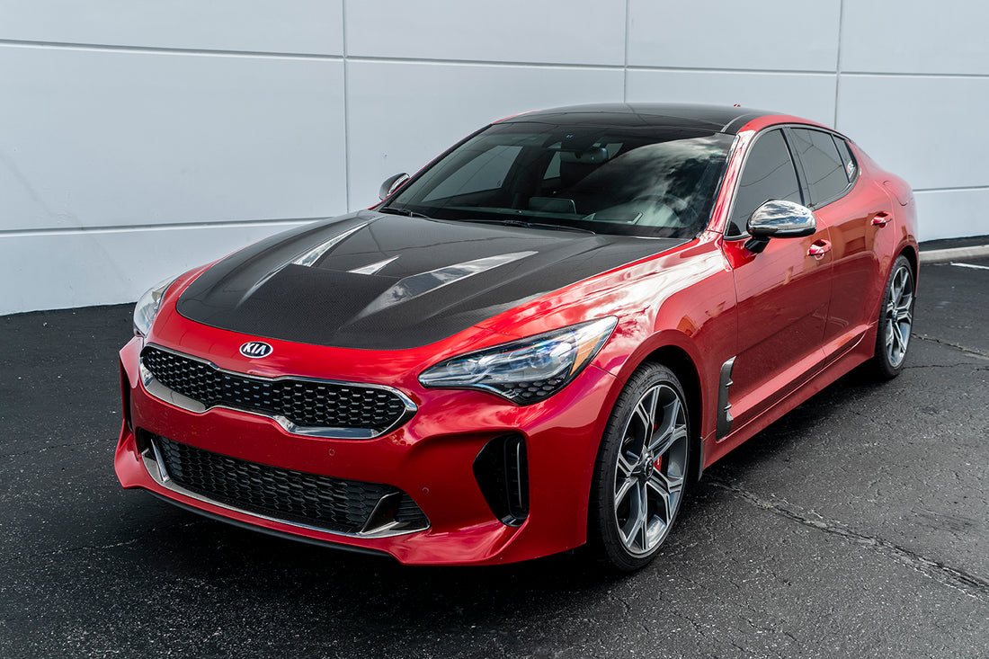 Legato V2 Carbon Fiber Hood on Red Kia Stinger