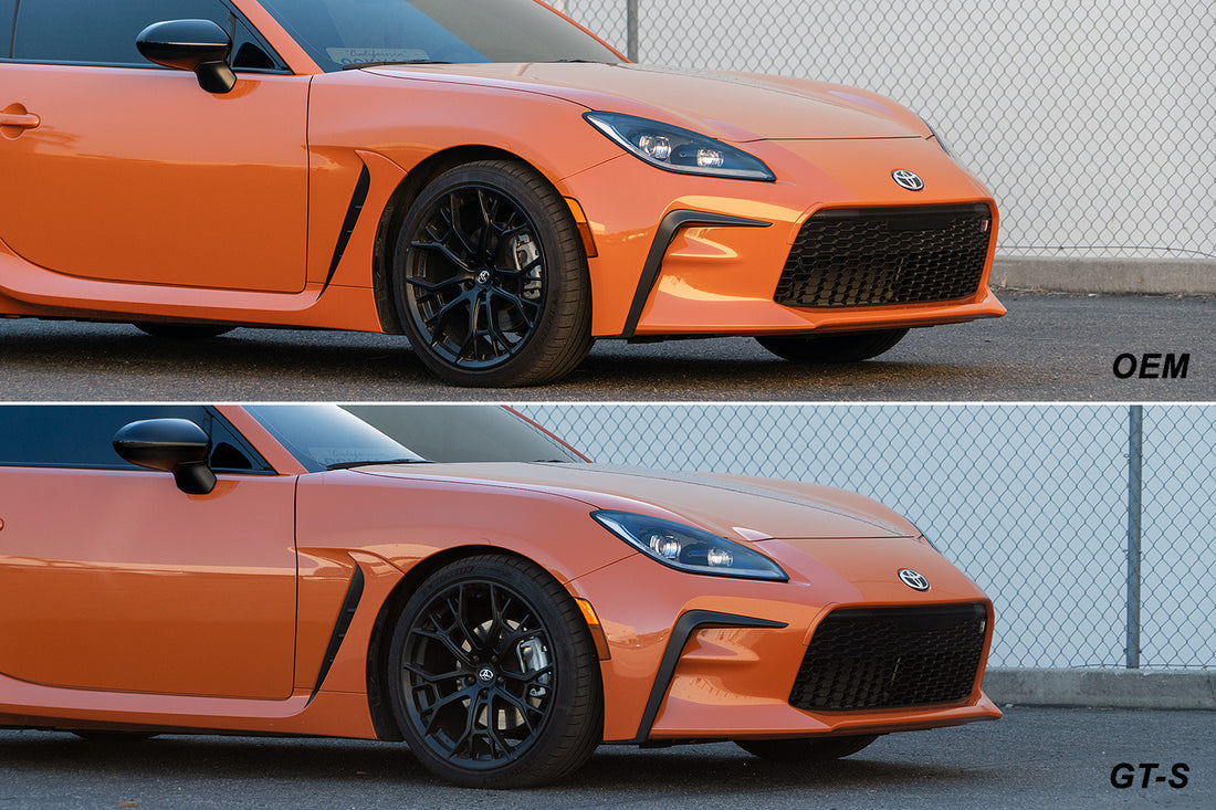 Stock height vs. ARK GT-S Springs front comparison before and after for Toyota GR86 Subaru BRZ