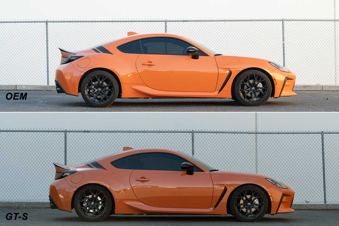 Before and After Sideview of Toyota GR86 / Subaru BRZ with ARK GT-S Lowering Springs
