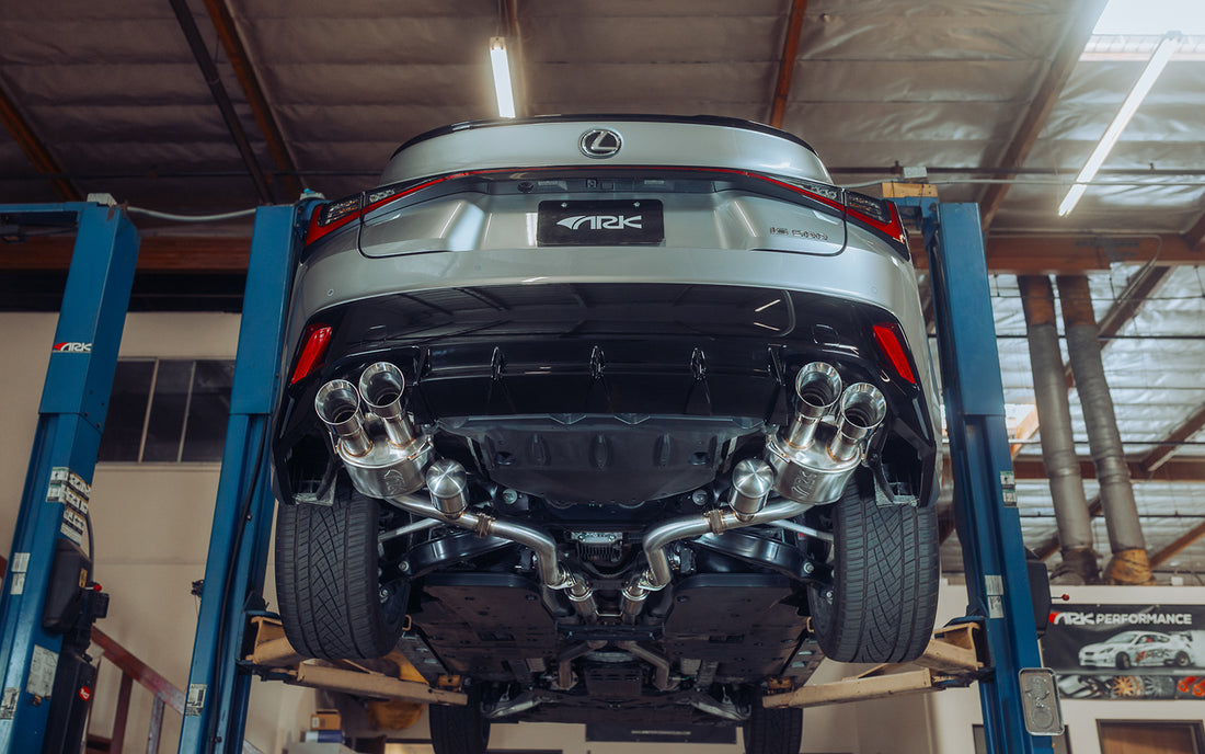 ARK Performance GRiP Cat-Back exhaust view from under the car for Lexus IS500