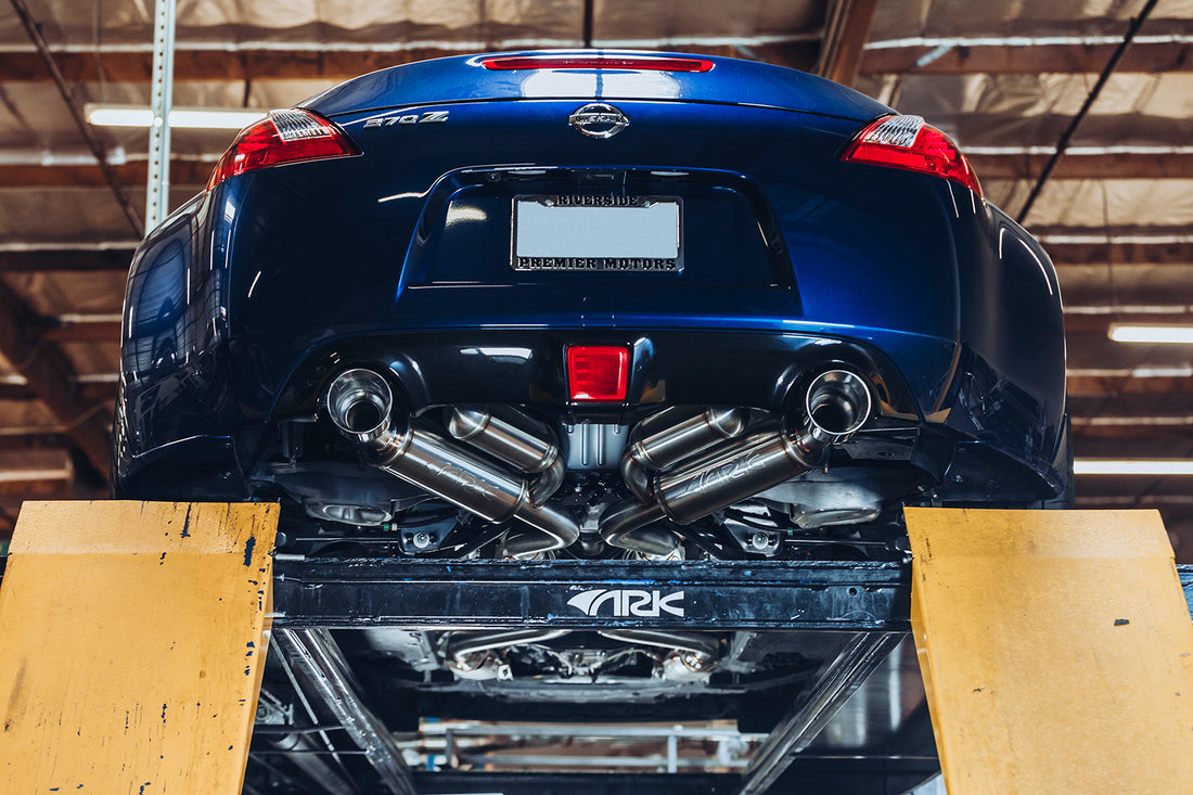 A view of the ARK GRiP Exhaust for the Nissan 370z from below.