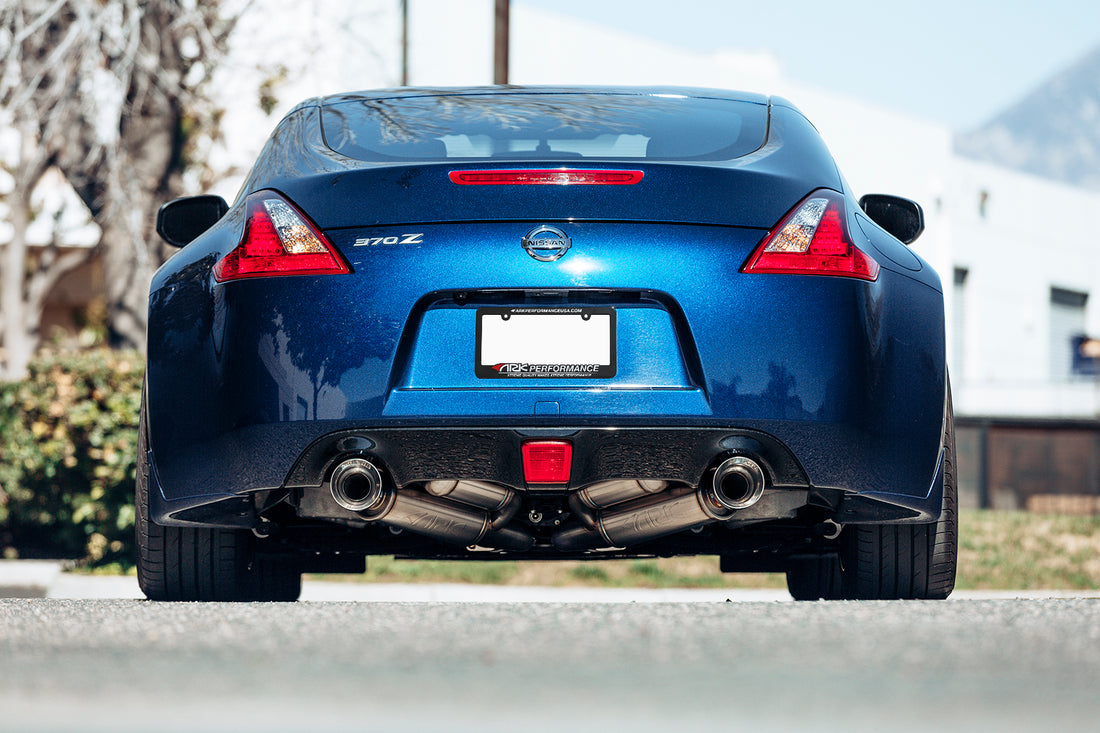Rear view of the 370z with the ARK Performance Grip exhaust installed.