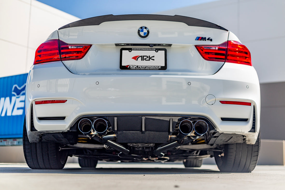 Rear View of a BMW M4 with the ARK DT-S Exhaust System installed.