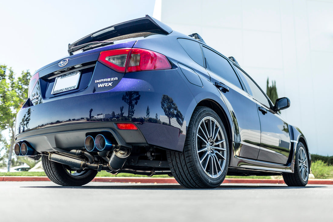 Rear View of ARK Performance GRiP Exhaust installed on Subaru WRX STi Hatchback