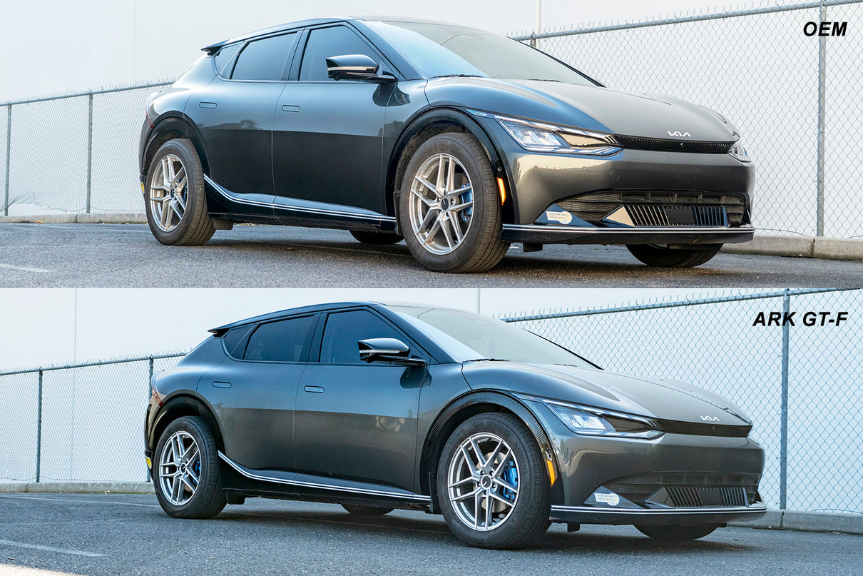 Before and after photo of a Kia EV6 AWD with ARK GT-F Lowering Springs