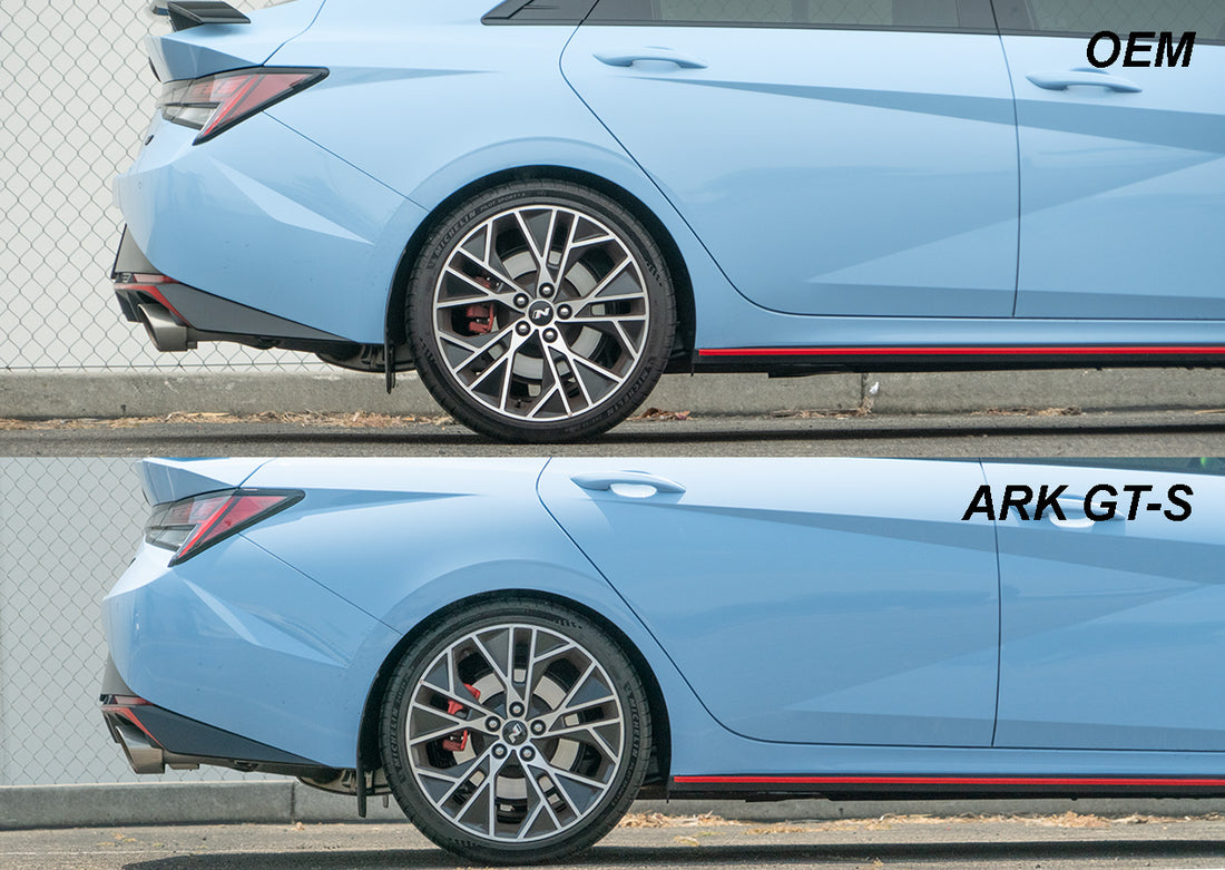 Rear before and after of ARK GT-S Springs installed on Hyundai Elantra N