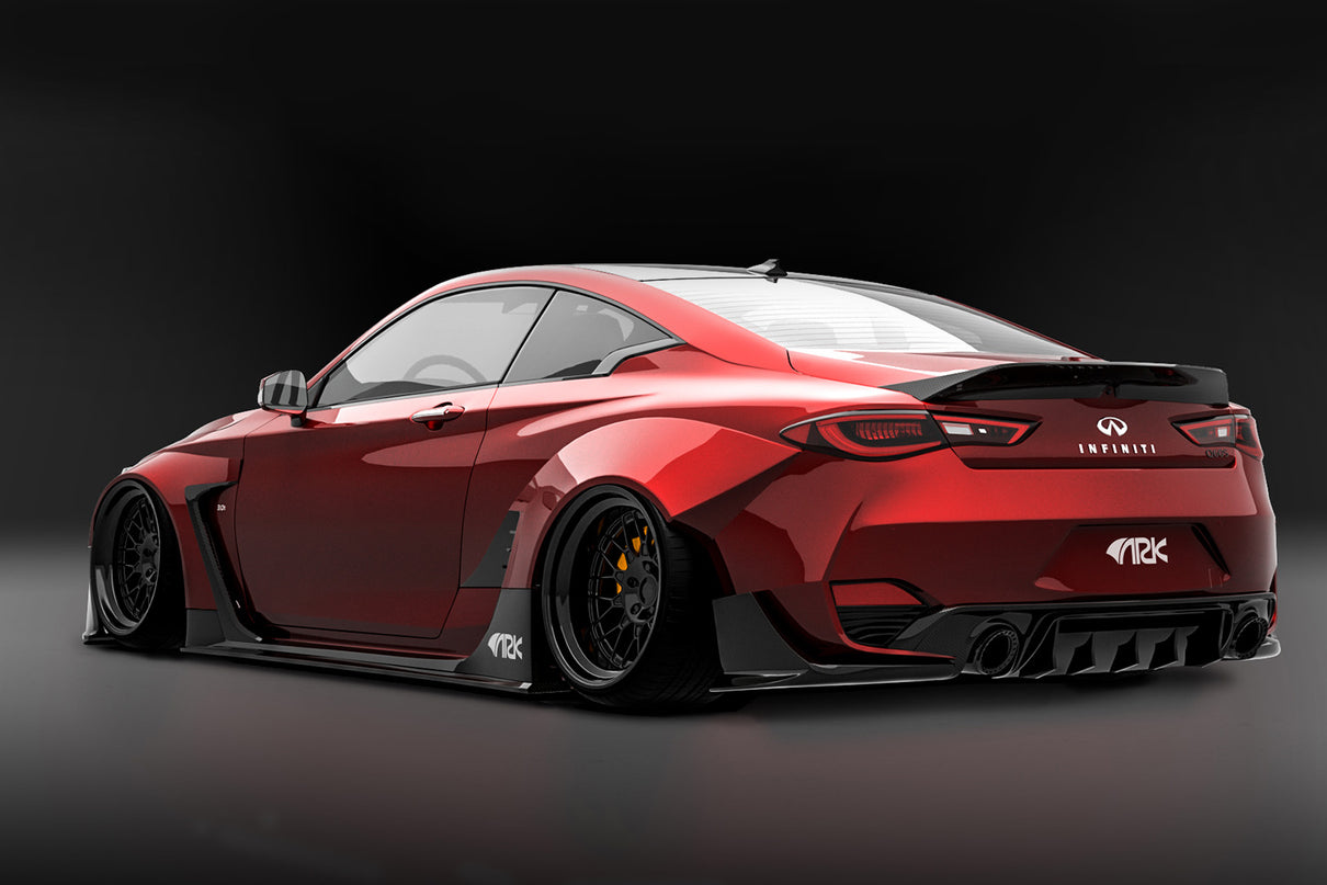 Q60 Coupe with ARK Legato Over Fenders, Carbon Fiber Spoiler, Carbon Fiber Side Skirts, Carbon Fiber front lip, Carbon Fiber rear diffuser