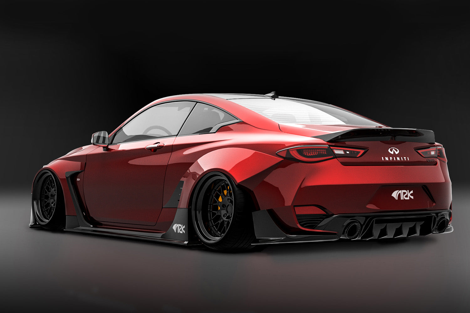 Q60 Coupe with ARK Legato Over Fenders, Carbon Fiber Spoiler, Carbon Fiber Side Skirts, Carbon Fiber front lip, Carbon Fiber rear diffuser