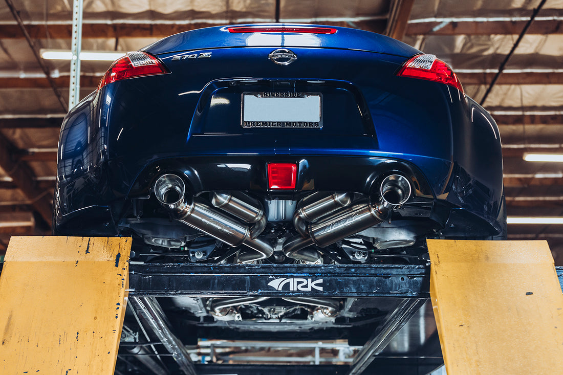 A view of the ARK GRiP Exhaust for the Nissan 370z from below. 