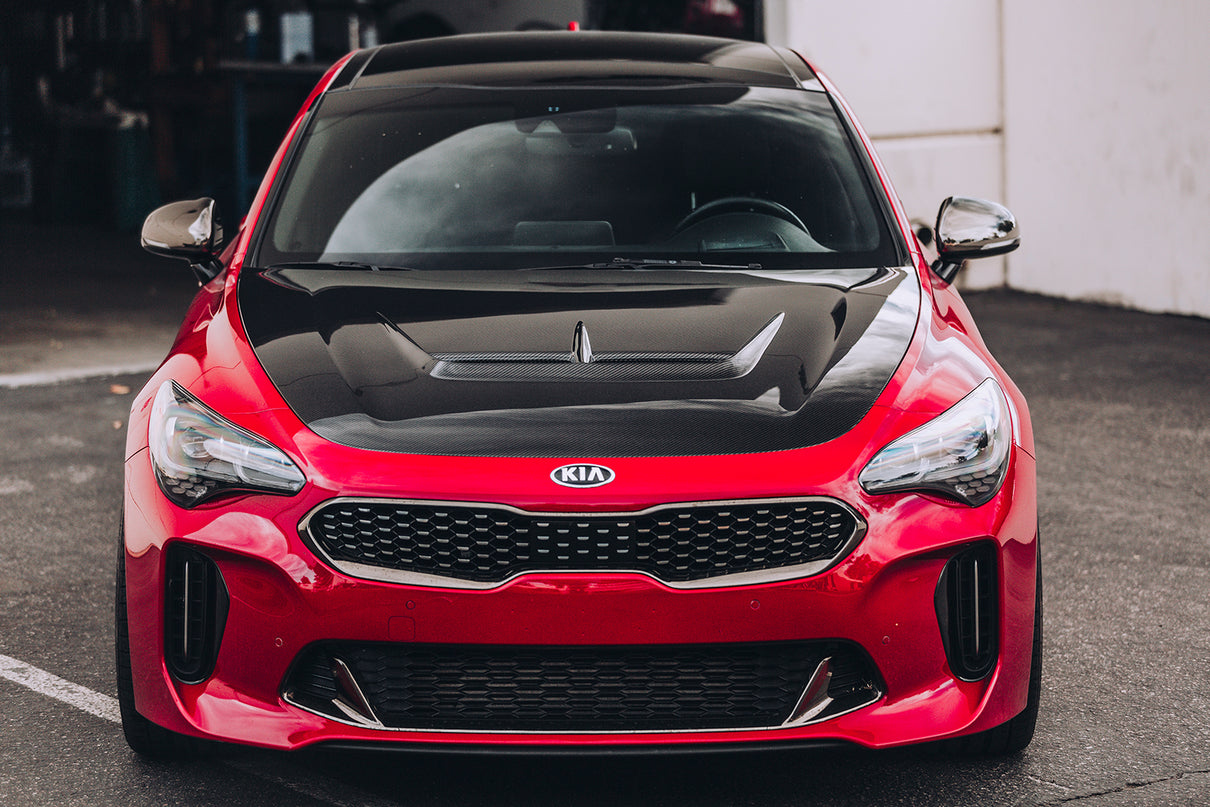 Kia Stinger with our ARK S-FX Carbon Fiber Hood installed on a Kia Stinger