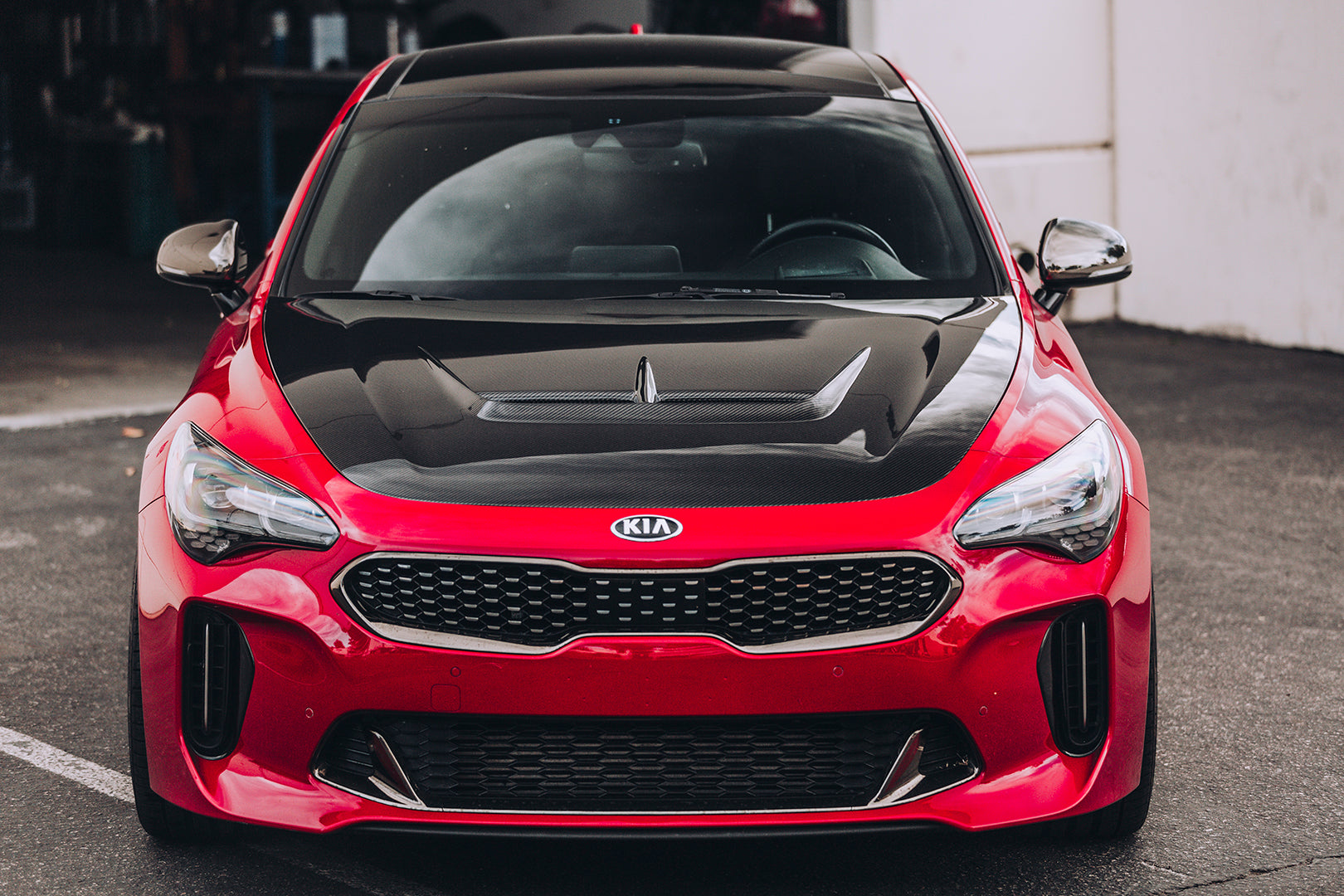 Kia Stinger with our ARK S-FX Carbon Fiber Hood installed on a Kia Stinger