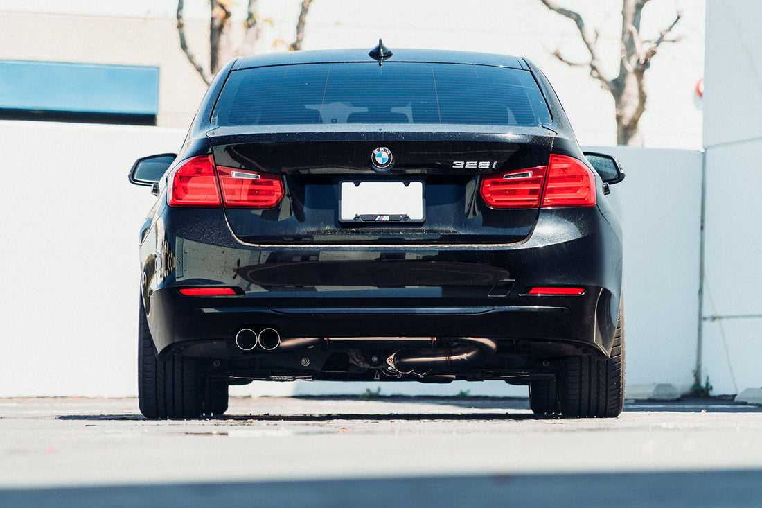Rear view of a BMW 328i with the ARK Performance DT-S Catback Exhaust System installed. 