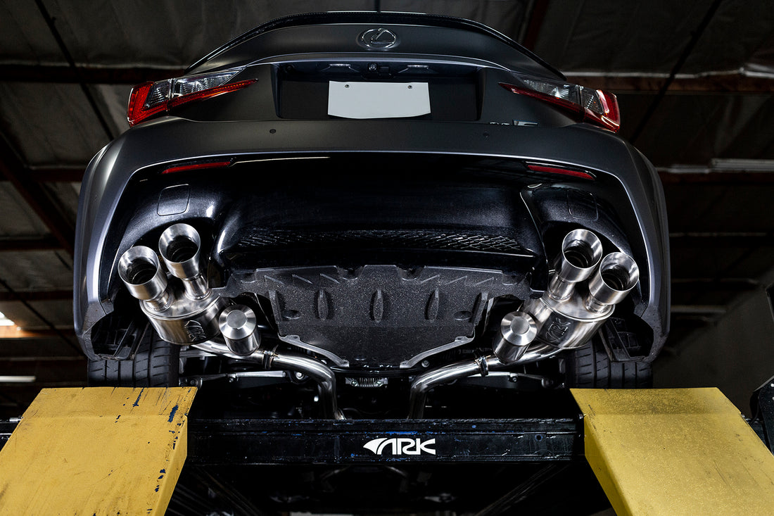 View from underneath of ARK GRiP Exhaust for 2015-2021 Lexus RC-F GRiP Exhaust